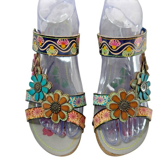 L'Artiste Delight Size 37 /7 Wedge Slide Sandals Comfort Floral Leather Colorful - Picture 2 of 11
